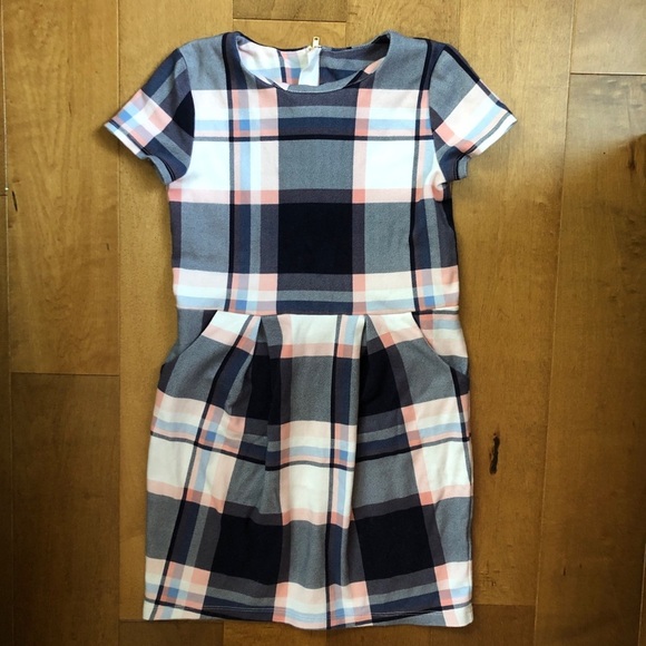 H&M Girls 8-10 Blue and Pink Plaid Pleated Shift Dress Pockets Academic School - Picture 1 of 8